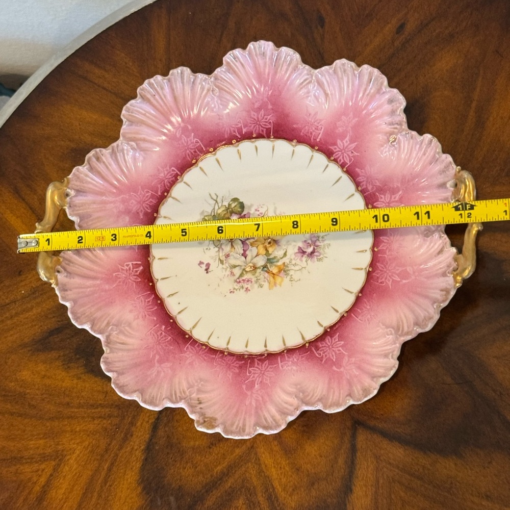 Antique Pink Floral Porcelain Decorative Cake Plate with Handles 12” - Picture 11 of 12